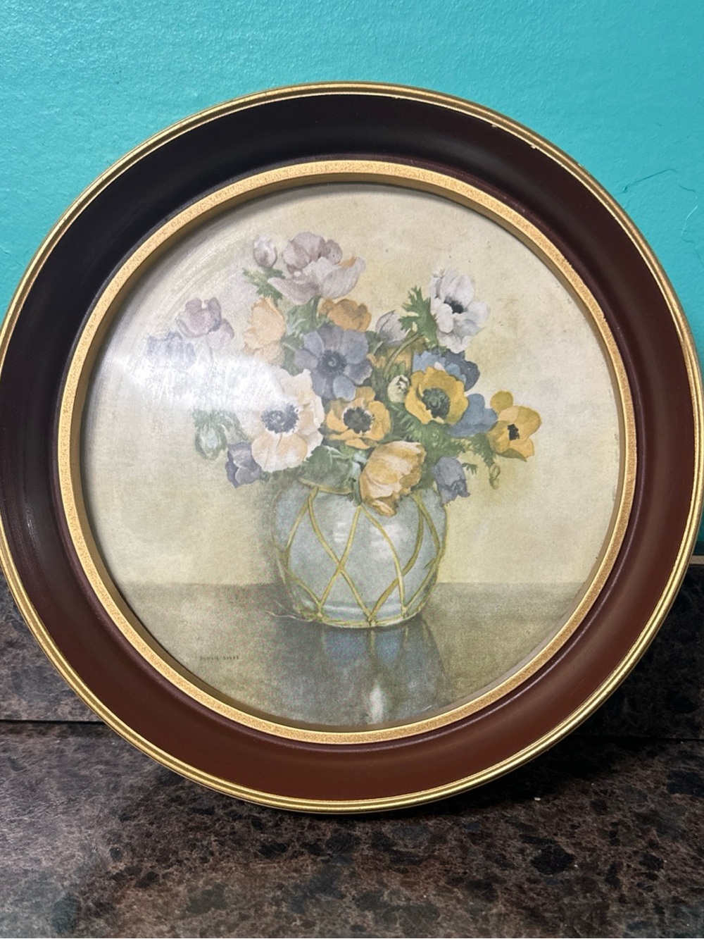 Vintage Round Floral Print in Burgundy And Gold Frame Flowers Art 9.25”